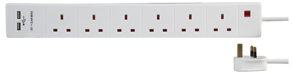 6 Gang 2m Mains Extension Lead Socket 13A with USB Charge Ports - White