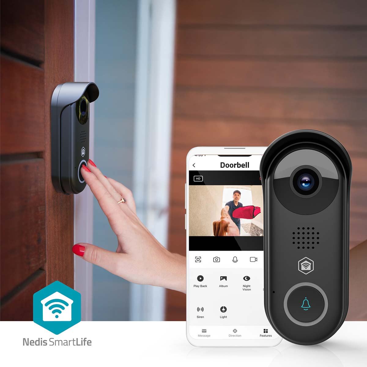 Nedis SmartLife Wireless Video Doorbell WiFi Camera,| Full HD 1080p | Cloud Storage (optional) / microSD (not included) / Onvif | IP54 | With motion sensor | Night vision | Black