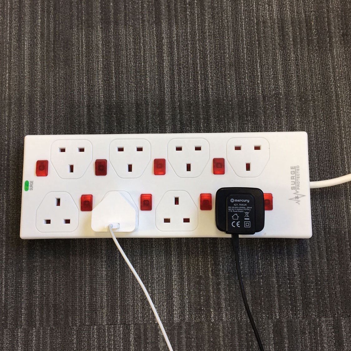 Mercury 8 Gang Extension Cable with Surge Protection & Neon Switches | 2 Metre Cable, White