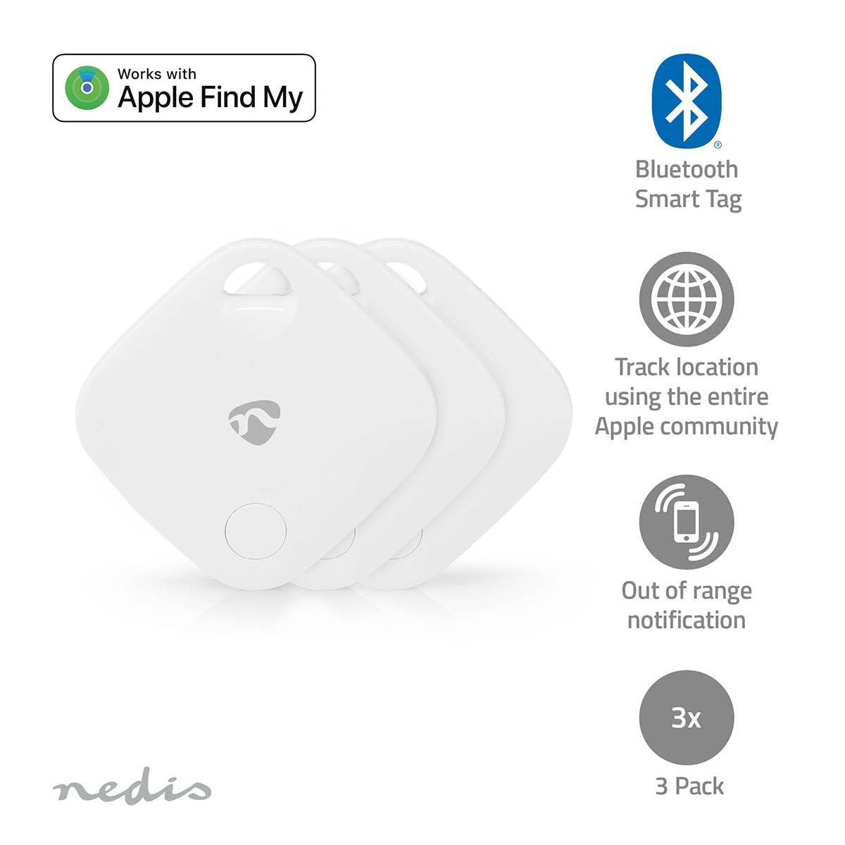 Nedis SmartLife Smart Tag GPS Tracker Finder Anti lost Alarm Bluetooth Key Dog Locator Child MFI  - 3 Pack