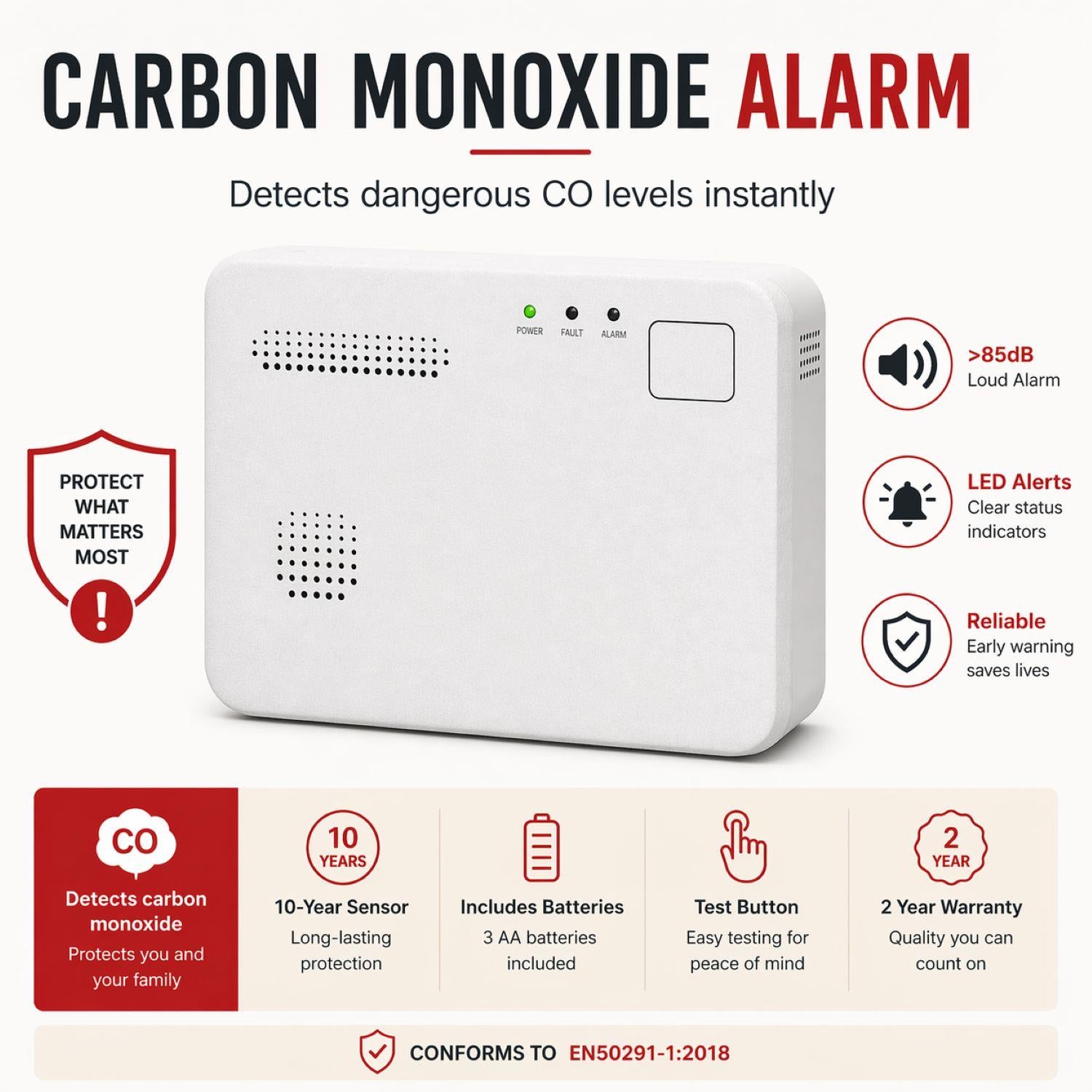 Alecto COA1910 Carbon monoxide Alarm with 10 year Sensor Runtime | LED Indication | EN50291-1:20180 | White