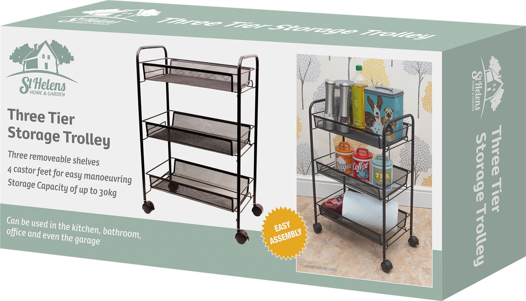 Kitchen Trolley Storage Cart Rolling Three Tiers Storage Rack Trolley on Castors - Black