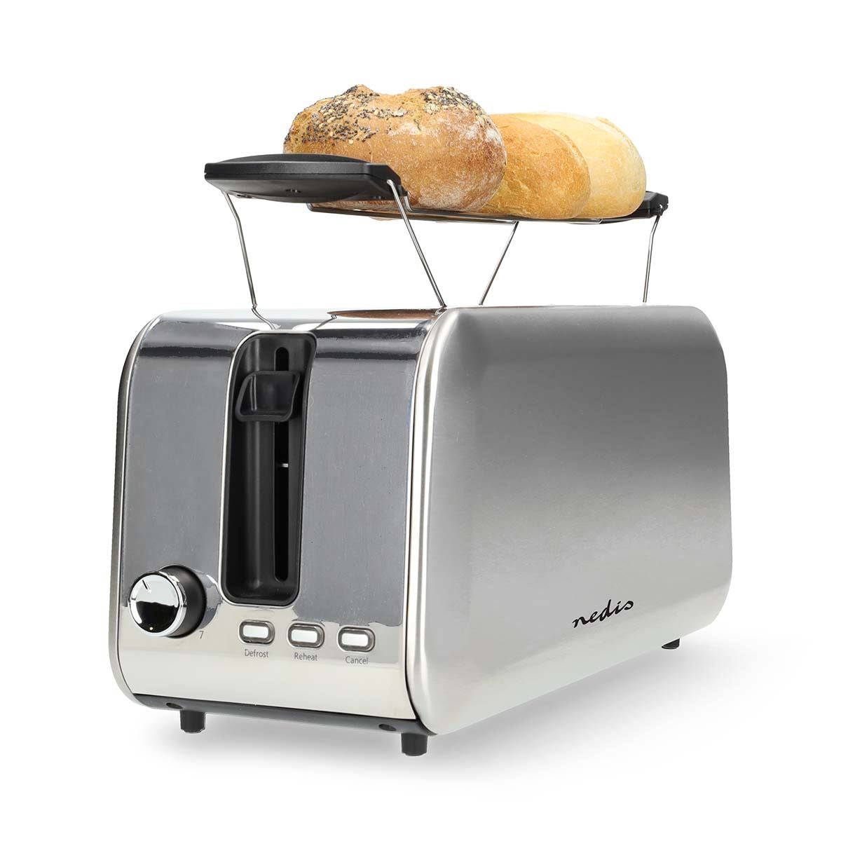 Nedis 2 Slice Toaster with Extra Long Slots, Bun Warming Rack, 7 Browning Settings, Defrost, Reheat and Cancel, 1450W