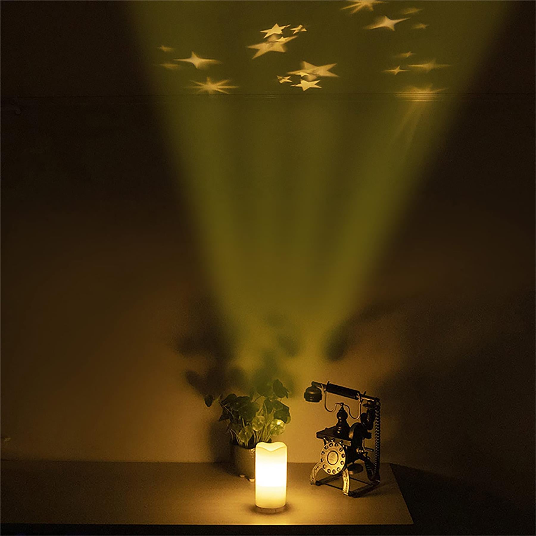LED Artificial Flameless Candle with White Stars Projector Light, Dimmable Brightness and Timer