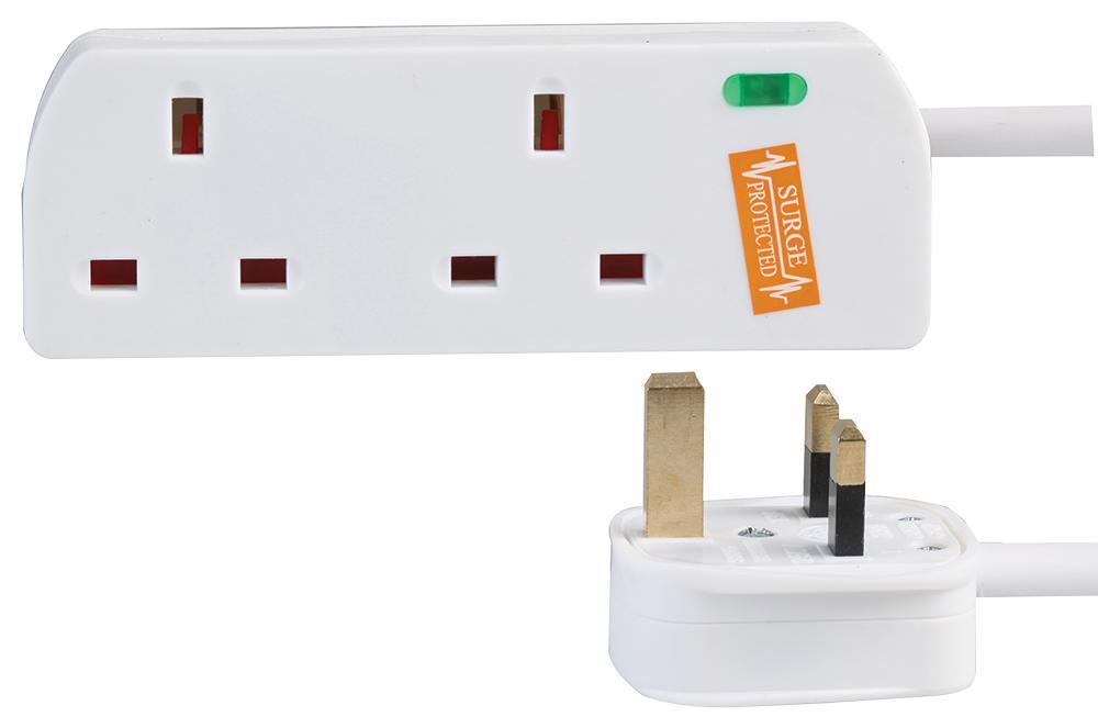 2 Gang 5m Mains Extension Lead Socket 13A Surge Protected - White