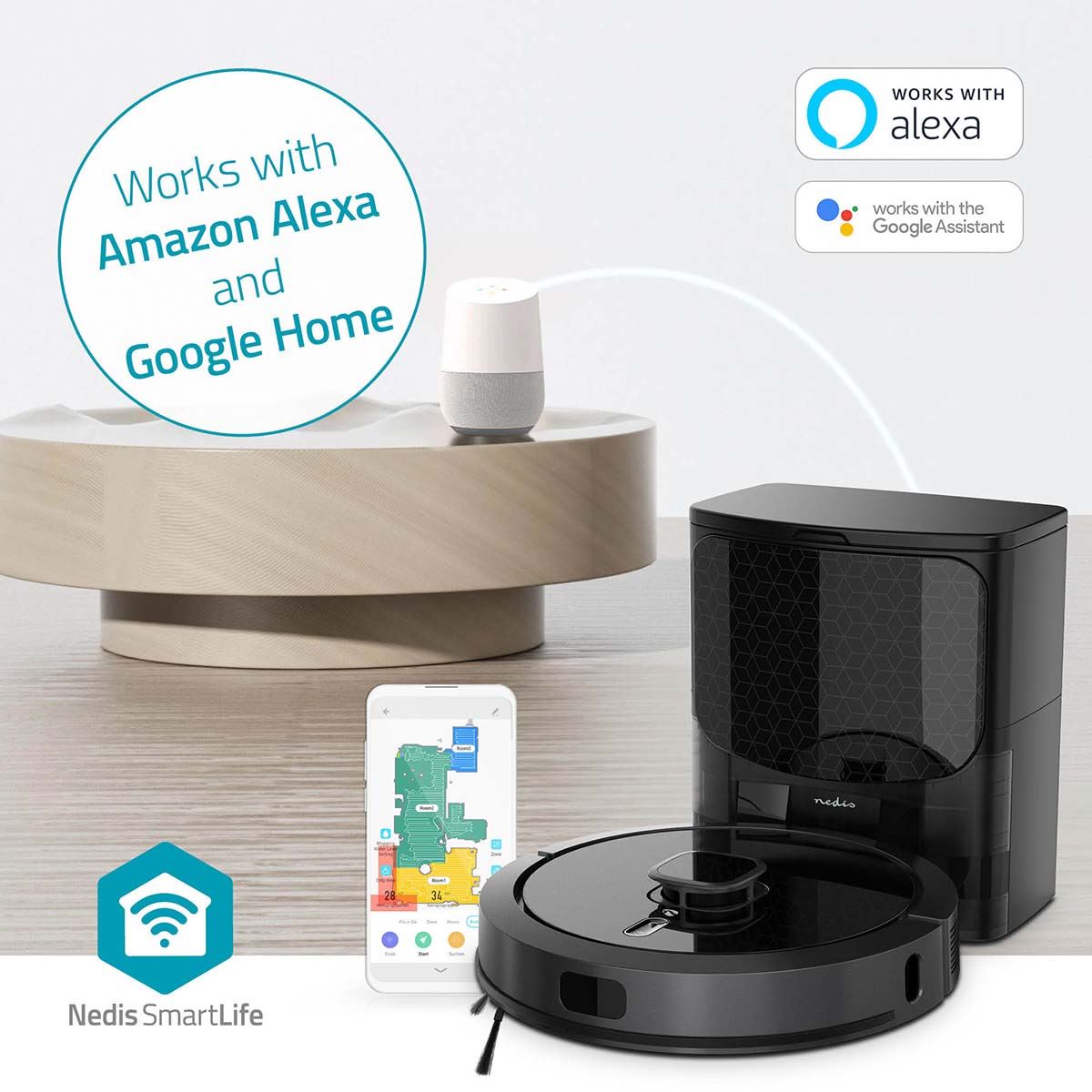 Nedis SmartLife Robot Vacuum Cleaner | Laser Navigation | Wi-Fi | Capacity collection reservoir: 0.6 l | Automatic charging | Maximum operating time: 3 hrs | Black | Android™ / IOS