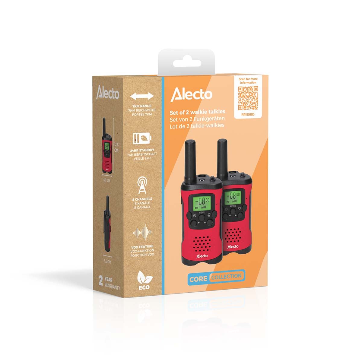 Alecto Walkie-Talkie Set | 2 Handsets | Up to 7 km | LCD | Frequency channels: 8 | VOX | up to 3 Hours | Black / Red