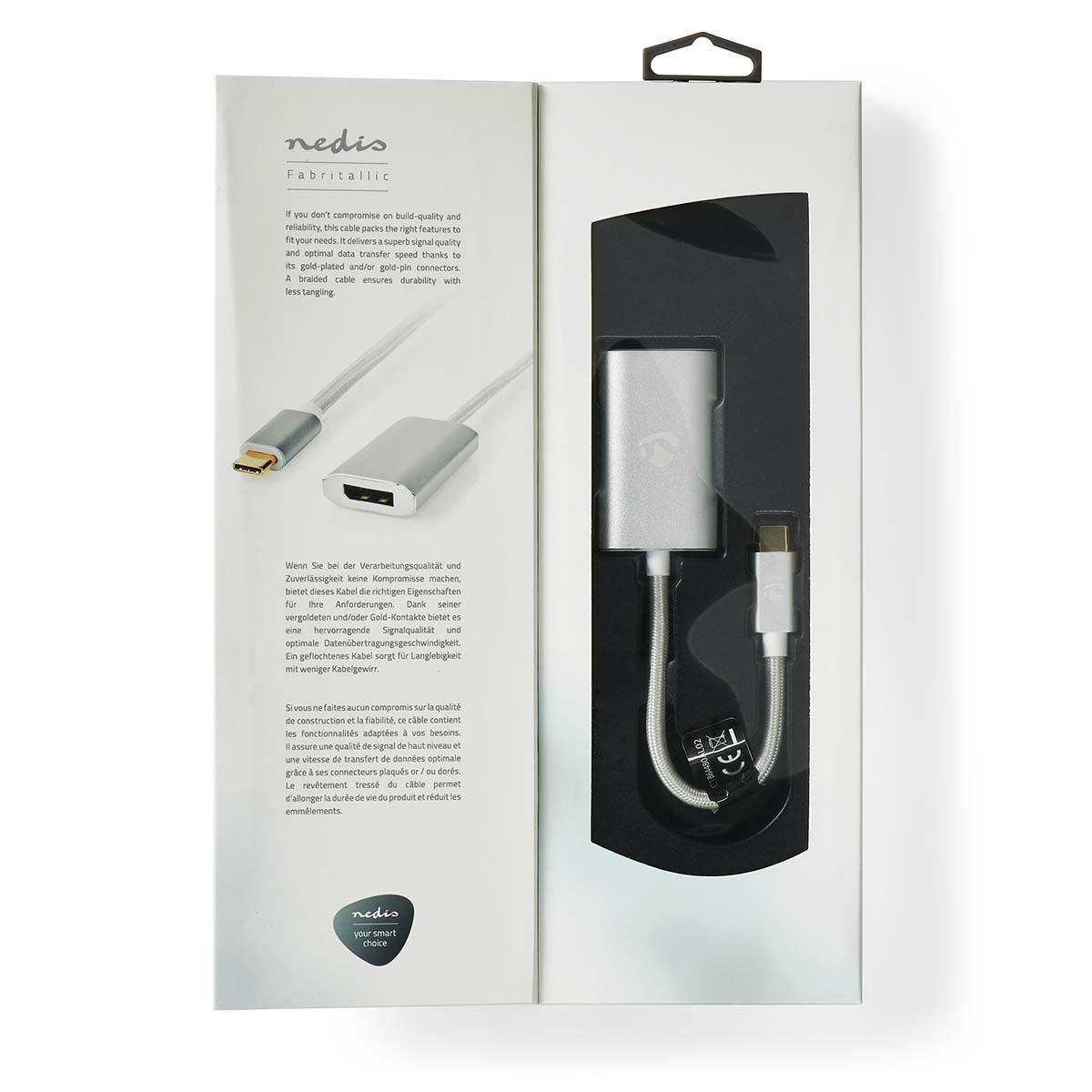 Nedis USB-C™ Adapter | USB 3.2 Gen 1 | USB-C™ Male | DisplayPort Female / USB-C™ Female | 4K@60Hz | Power delivery | 0.20 m | Round | Gold Plated | Braided / Nylon | Silver | Cover Window Box