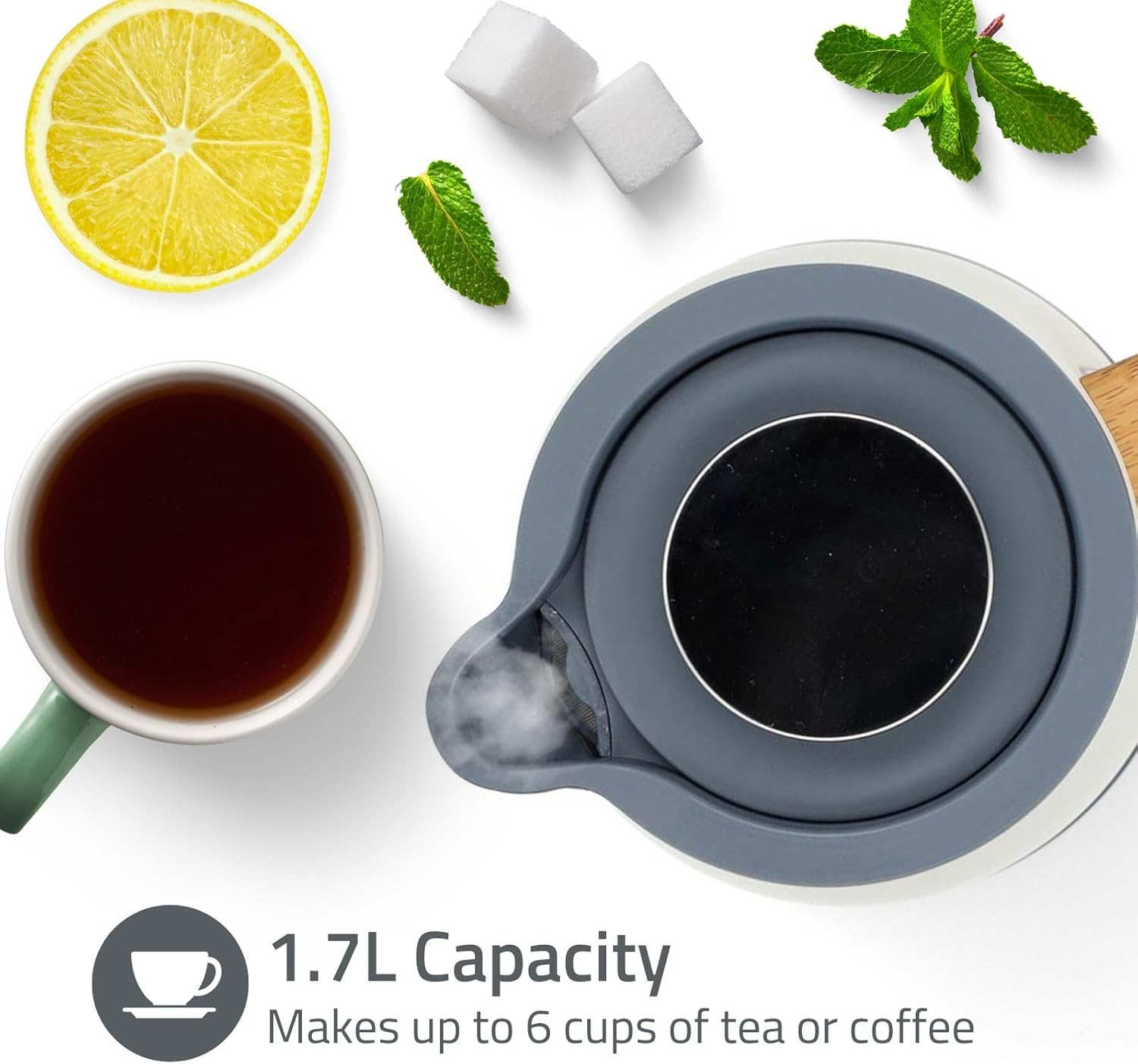 Nedis 1.7L Soft Touch Jug Kettle with Wood Effect Handle, Overheat Protection, Removeable Filter, 2.2KW - Matte White