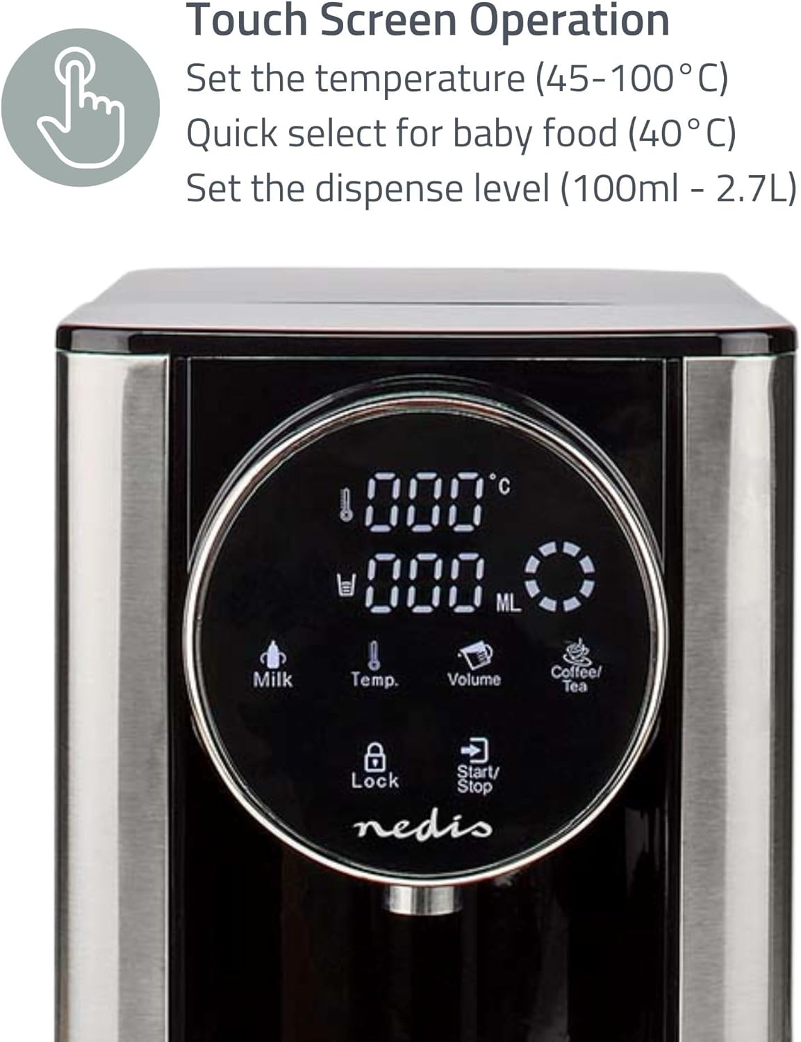 Nedis Instant Hot Water Dispenser, 2600W, 2.7L Tank with Fast Boil, Variable Dispense, Adjustable Temperature, Boil Dry & Overheat Protection