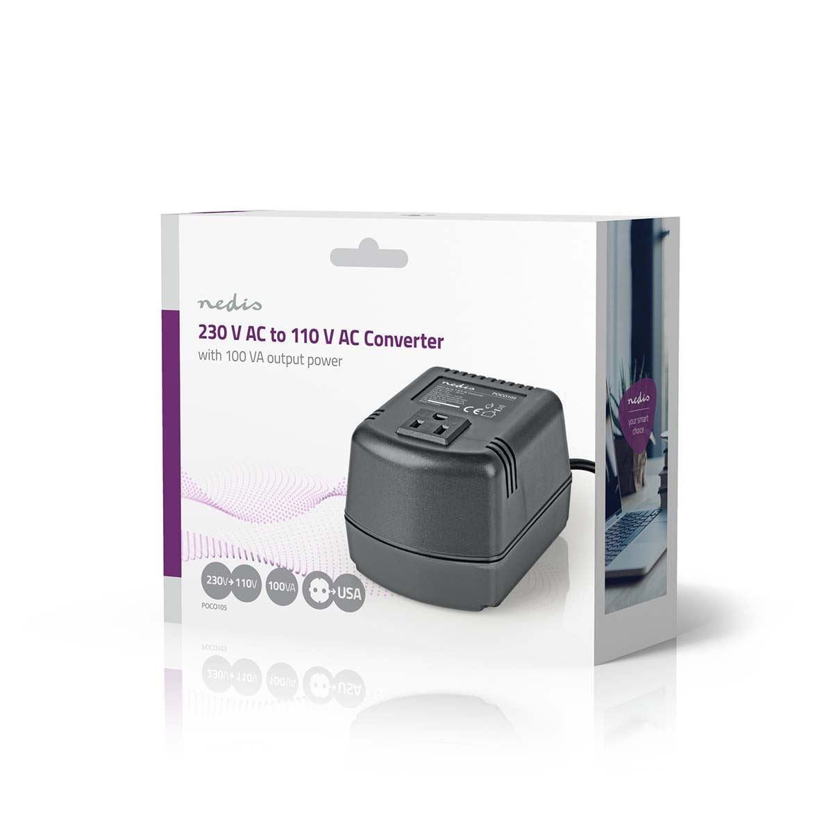 Nedis Power Converter | Mains Powered | 230 V AC 50 Hz | 70 W | Euro Plug to USA with earth contact | Black