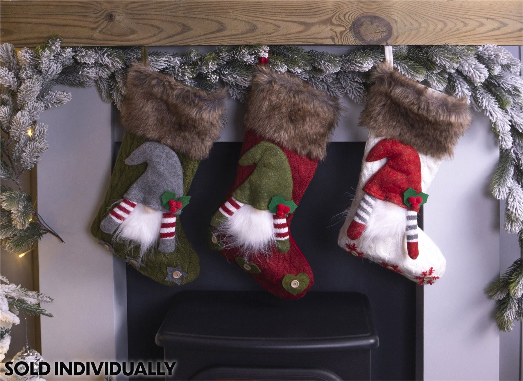 Luxury Gonk Design Christmas Fur Lined Knitted Stocking for Xmas Eve - Green