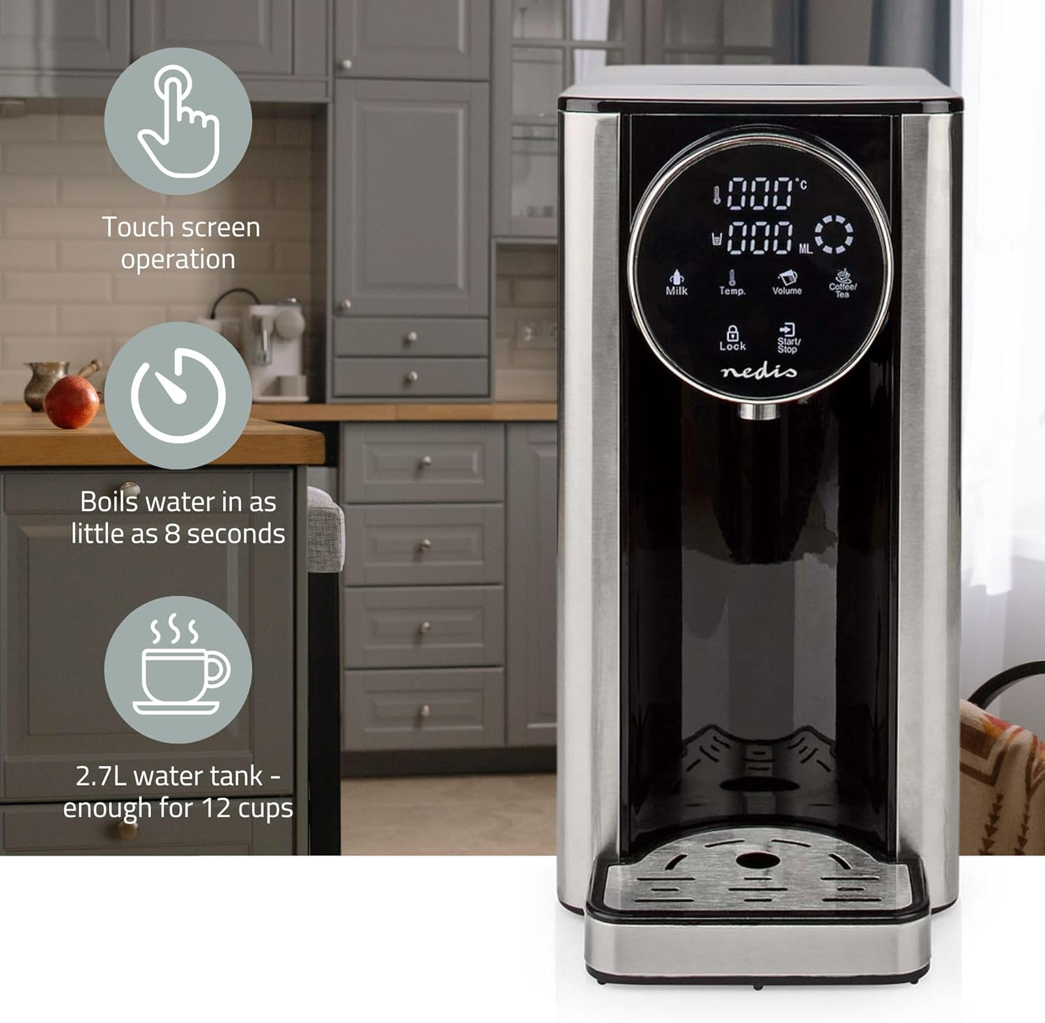 Nedis Instant Hot Water Dispenser, 2600W, 2.7L Tank with Fast Boil, Variable Dispense, Adjustable Temperature, Boil Dry & Overheat Protection