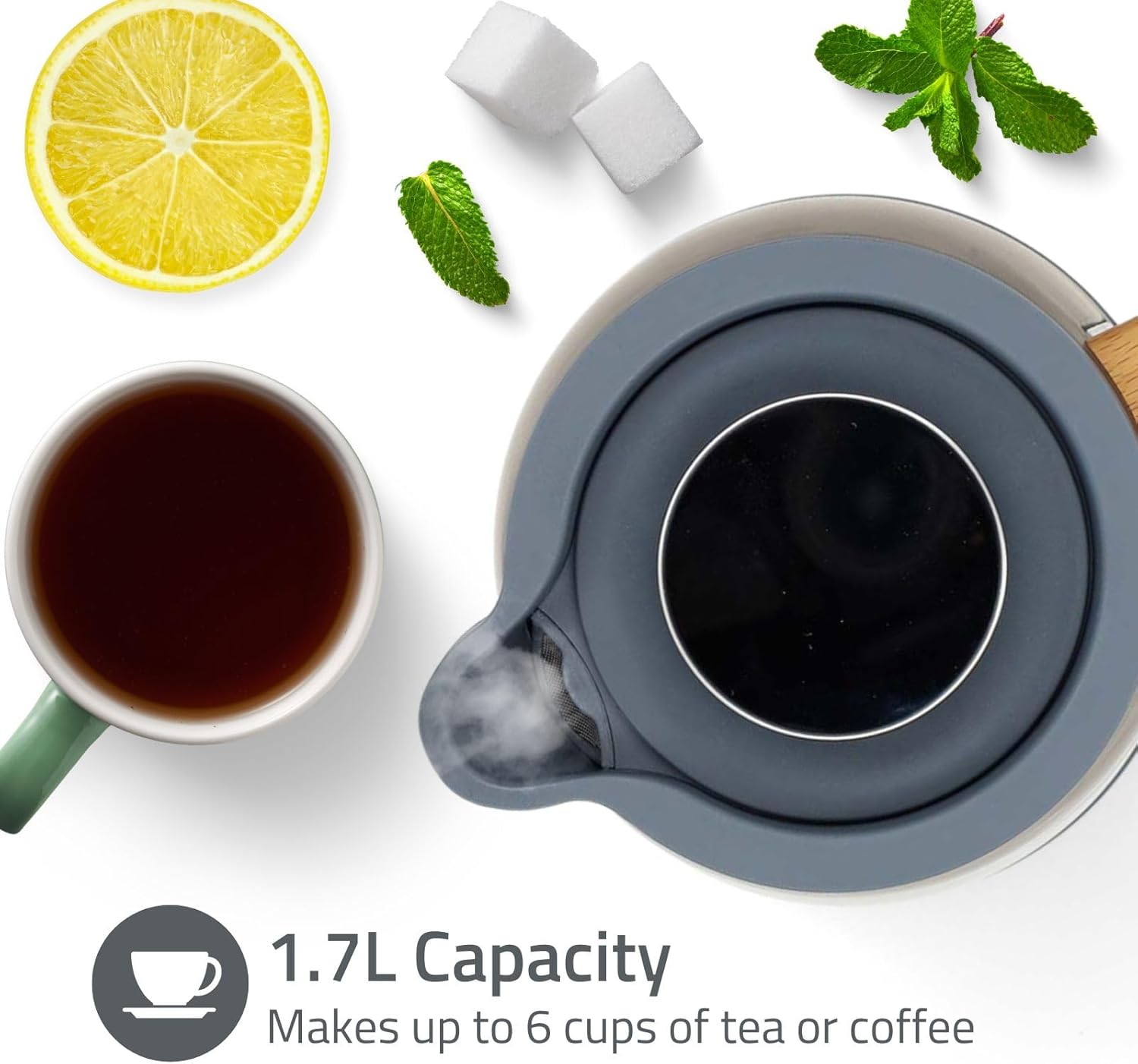 Nedis 1.7L Soft Touch Jug Kettle with Wood Effect Handle, Overheat Protection, Removeable Filter, 2.2KW - Matte Black