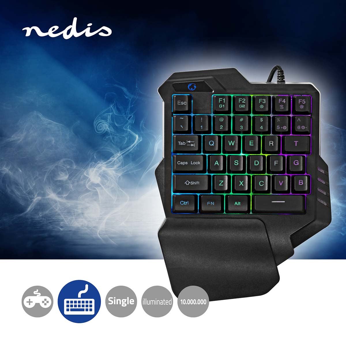 Nedis Wired Gaming Keyboard | USB Type-A | Membrane Keys | RGB | Single-Handed | Universal | USB Powered | Power cable length: 1.60 m | Gaming