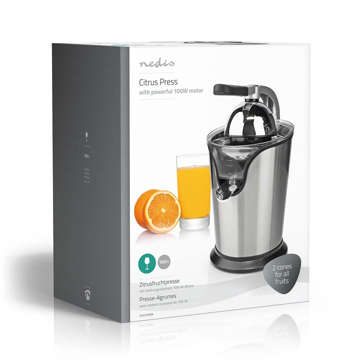 Nedis Electric Citrus Press Juicer Squeezer, 100W Motor, with 2 x Interchangeable Cones, and Anti-Drip Easy Pour Spout