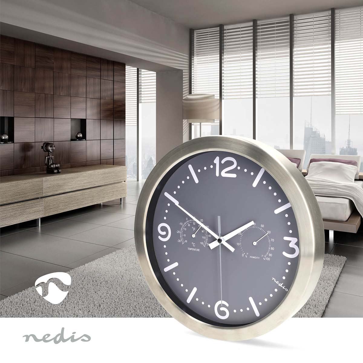 Nedis 30cm Wall Clock with Easy Read Numbers, Silent Movement, Thermometer, Hygrometer, Battery Powered - Aluminium Silver