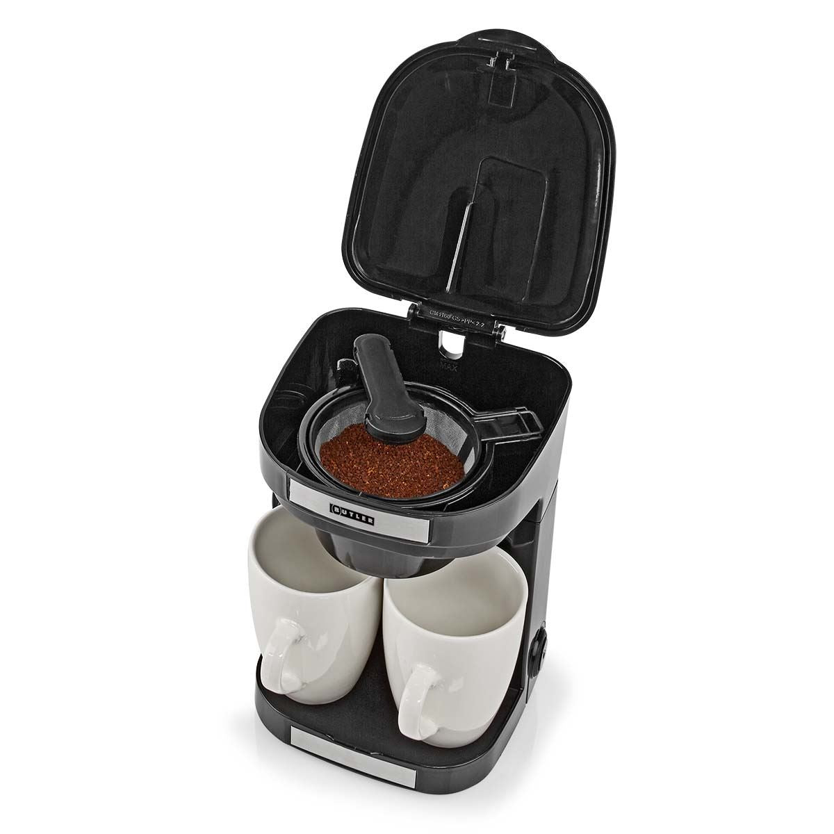 Butler 2 Cup Coffee Maker 0.25L Easy to Use Nylon Reusable Filter with Cups - Black