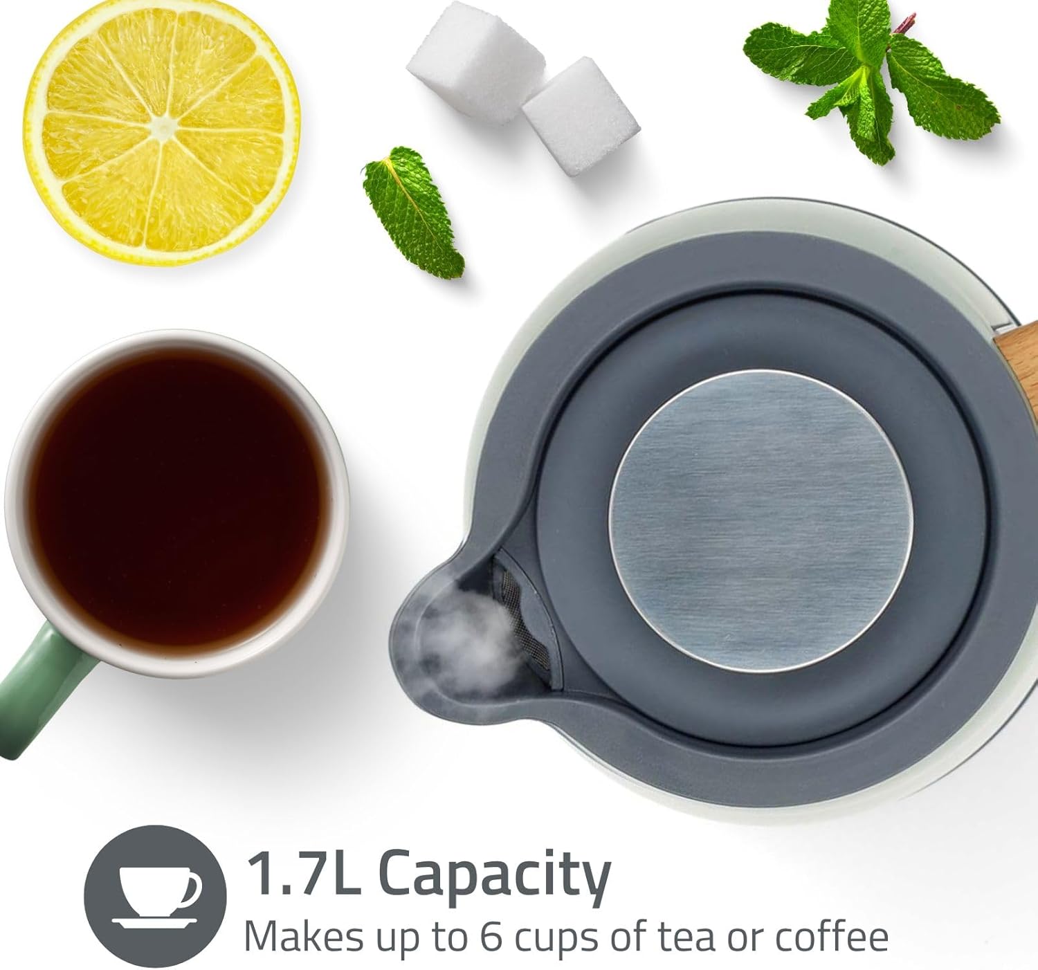 Nedis 1.7L Soft Touch Jug Kettle with Wood Effect Handle, Overheat Protection, Removeable Filter, 2.2KW - Matte Green