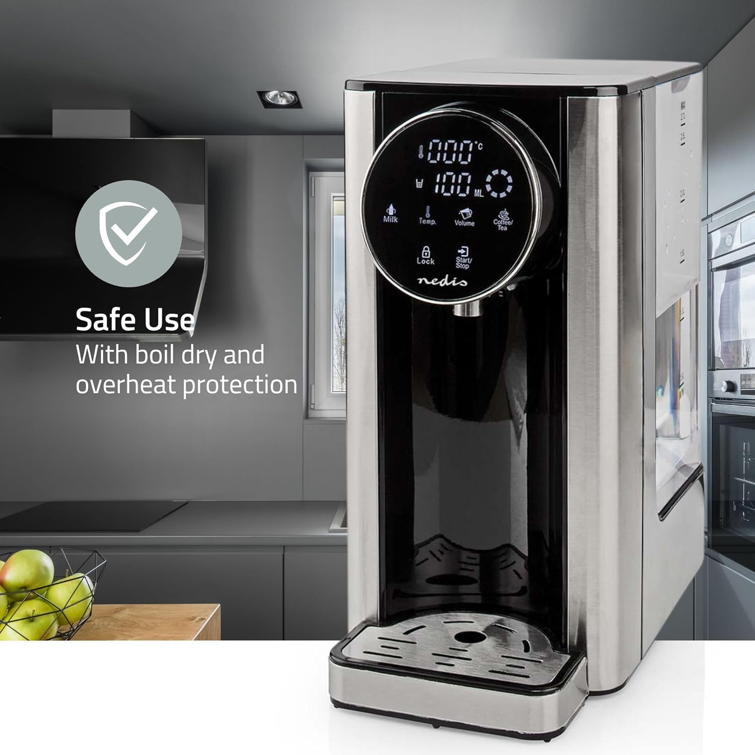 Nedis Instant Hot Water Dispenser, 2600W, 2.7L Tank with Fast Boil, Variable Dispense, Adjustable Temperature, Boil Dry & Overheat Protection