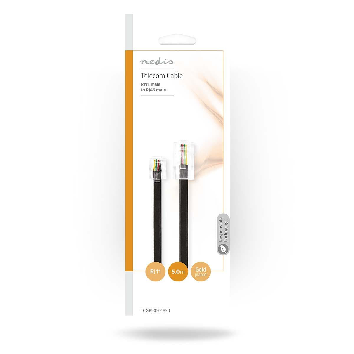 Nedis Telecom Extension Cable | RJ11 Male | RJ45 Male | 5.00 m | Cable design: Flat | Plating: Gold Plated | Cable type: RJ11 | Black | Label
