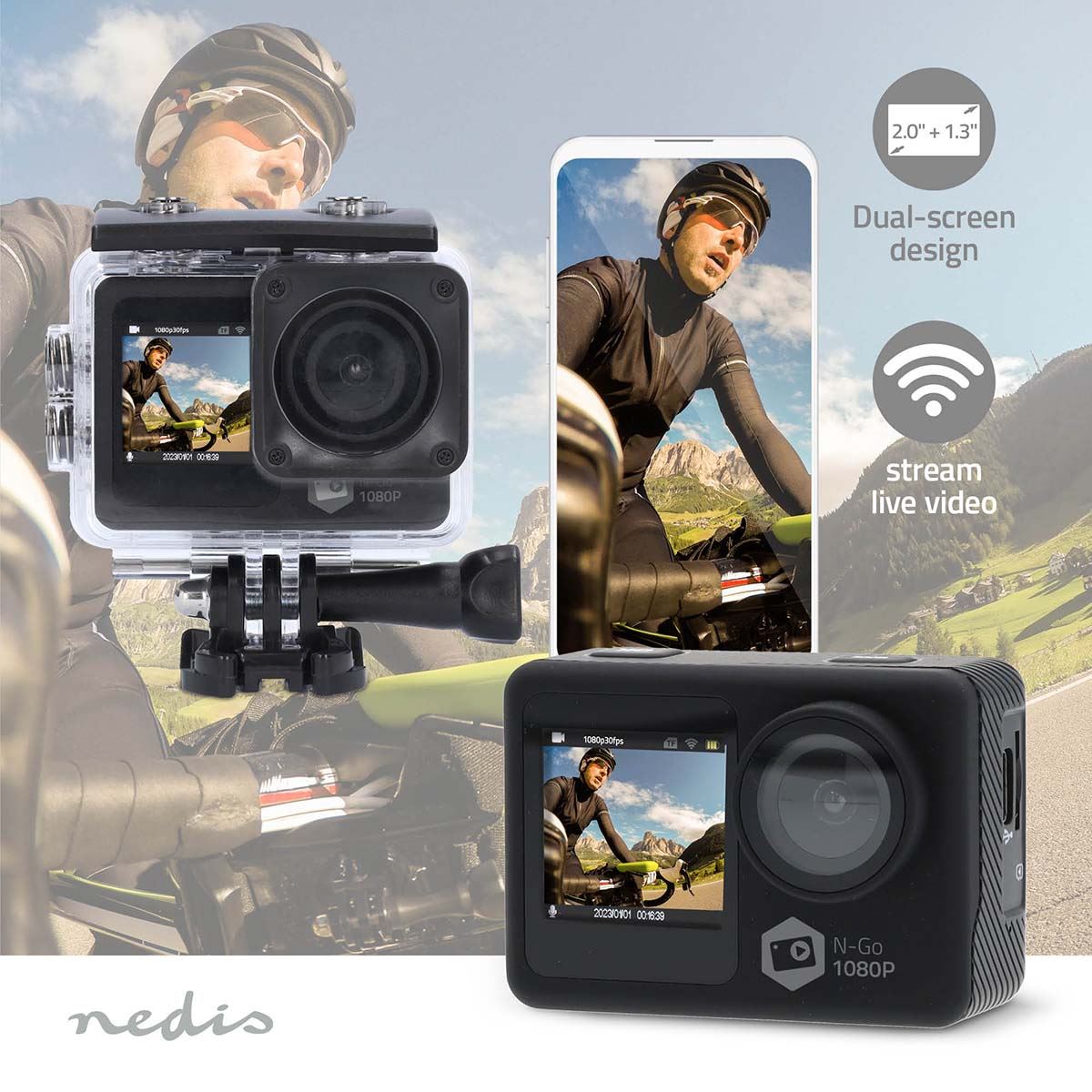 Nedis Dual Screen Wi-Fi Action Cam, 1080p 30fps HD Video, 12MP Photos, 2" TFT Back Screen 1.3" Front Screen, Waterproof 30m, Burst Mode, Loop Recording