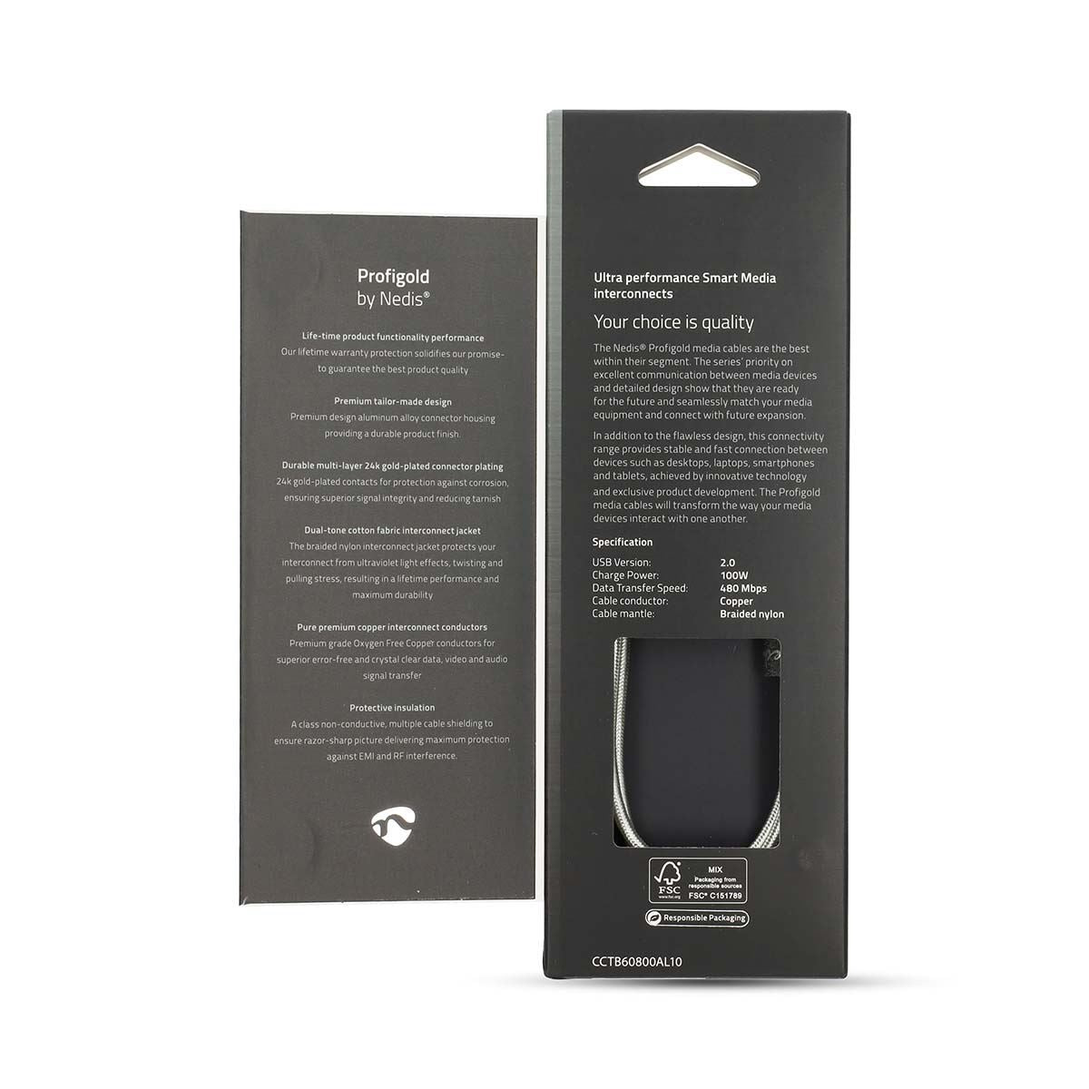 Nedis USB Cable | USB 2.0 | USB-C™ Male | USB-C™ Male | 100 W | 480 Mbps | Gold Plated | 1.00 m | Round | Braided / Nylon | Silver | Cover Window Box