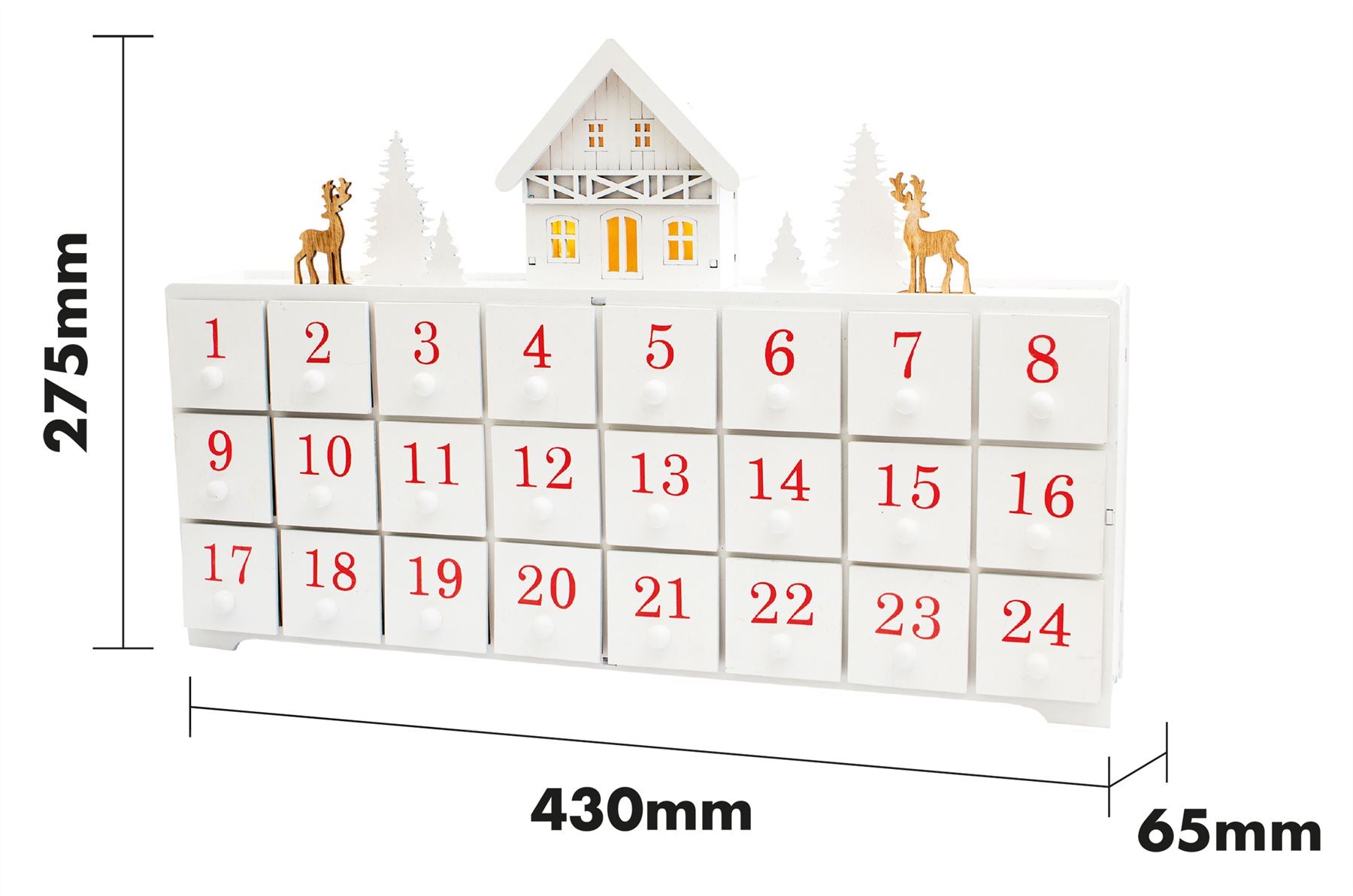 Festive Wooden Christmas Advent Calendar with 24 Individual Drawers and LED Lights - White Reindeer Scene