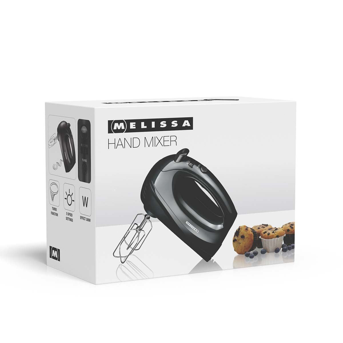 MELISSA Electric Hand Mixer with 5 speeds & turbo setting, 2 chrome plated beaters, all dishwasher safe, Easy release button, 300w - Black
