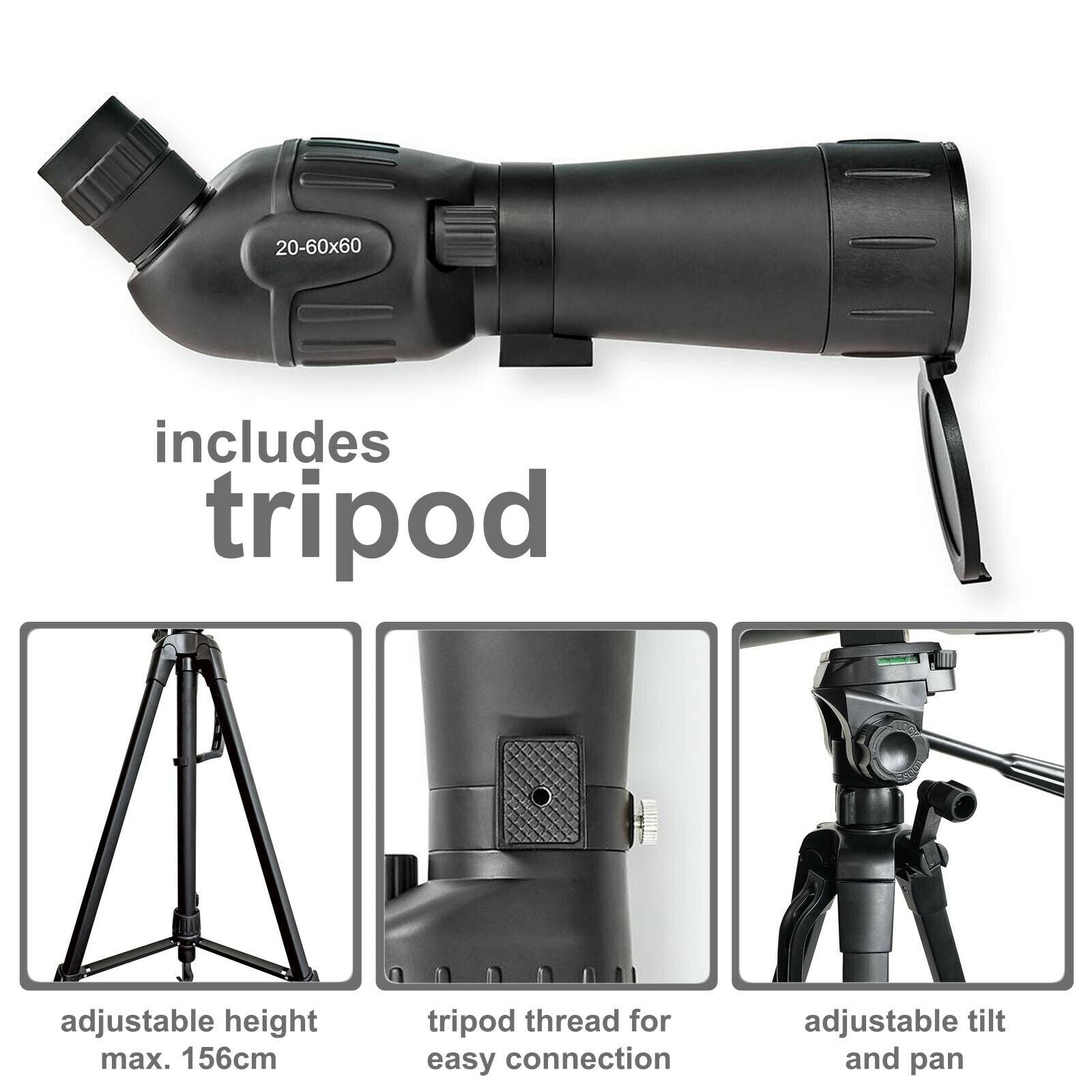 Nedis Spotting Scope | Magnification range: 20-60 | Objective lens diameter: 60 mm | Field of view: 38 m | Dioptric correction | Travel bag included | Black