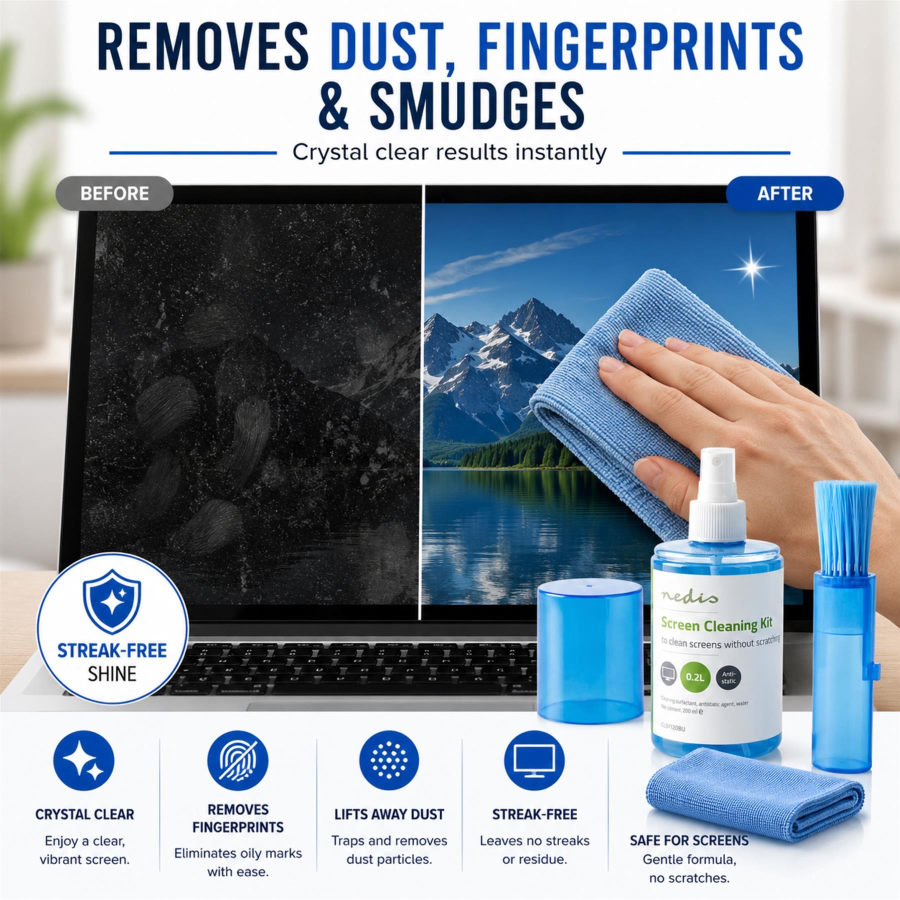 Nedis Screen Cleaner Kit for TV, PC, Smartphone & Tablet, 200 ml Spray, Brush & Pearl Cloth