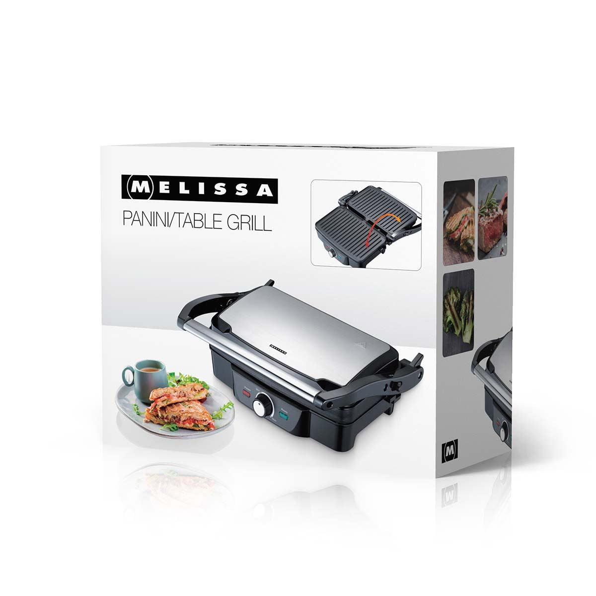 MELISSA 2-in-1 Electric Panini Press & Grill, Fold-Out, 1600W with Non-Stick Reversible Plates, Adjustable Temperature Control & Drip Tray