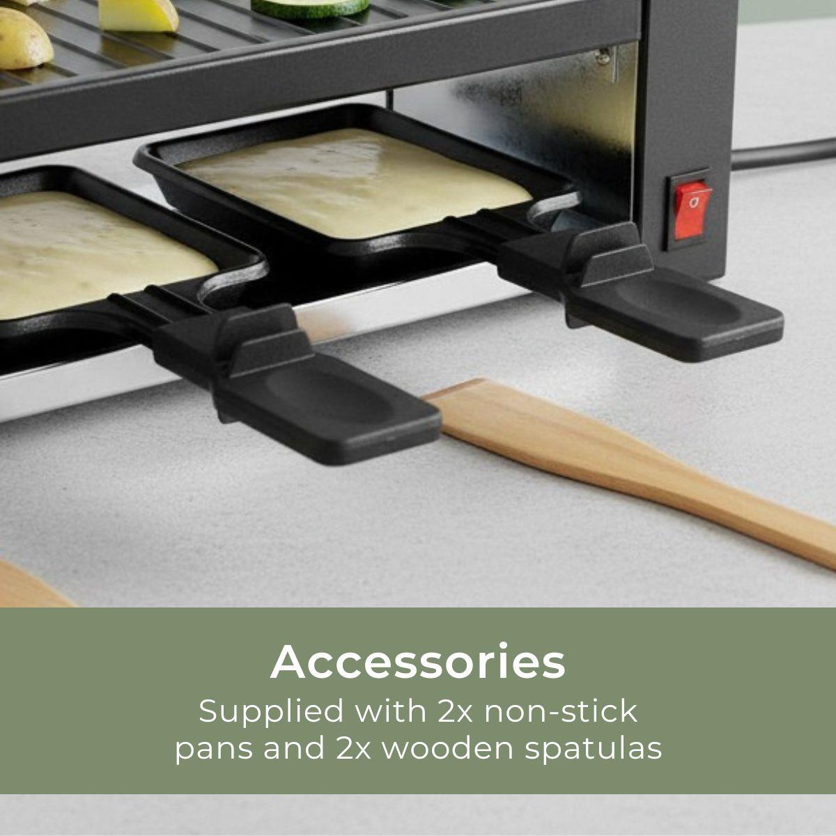 MELISSA Electric Raclette Gourmet Grill, 2 Person Indoor Non-Stick Tabletop Cooker, Removable Hot Plate, with 2 x Mini Cheese Pans & Spatulas, 400W