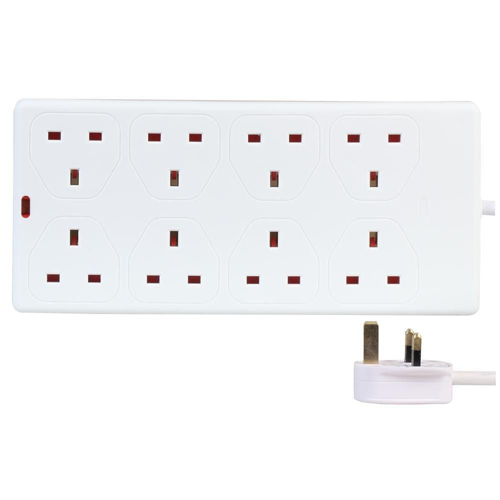 8 Gang 1m Mains Extension Lead Socket 13A - White