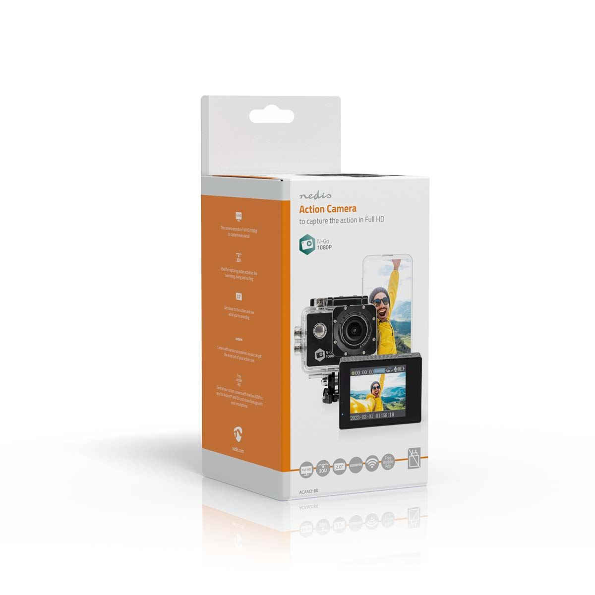 Nedis Action Cam | 1 Screen | 1080p@30fps | 12 MPixel | Waterproof up to: 30.0 m | 90 min | Wi-Fi | App available for: Android™ / IOS | Mounts included | Black