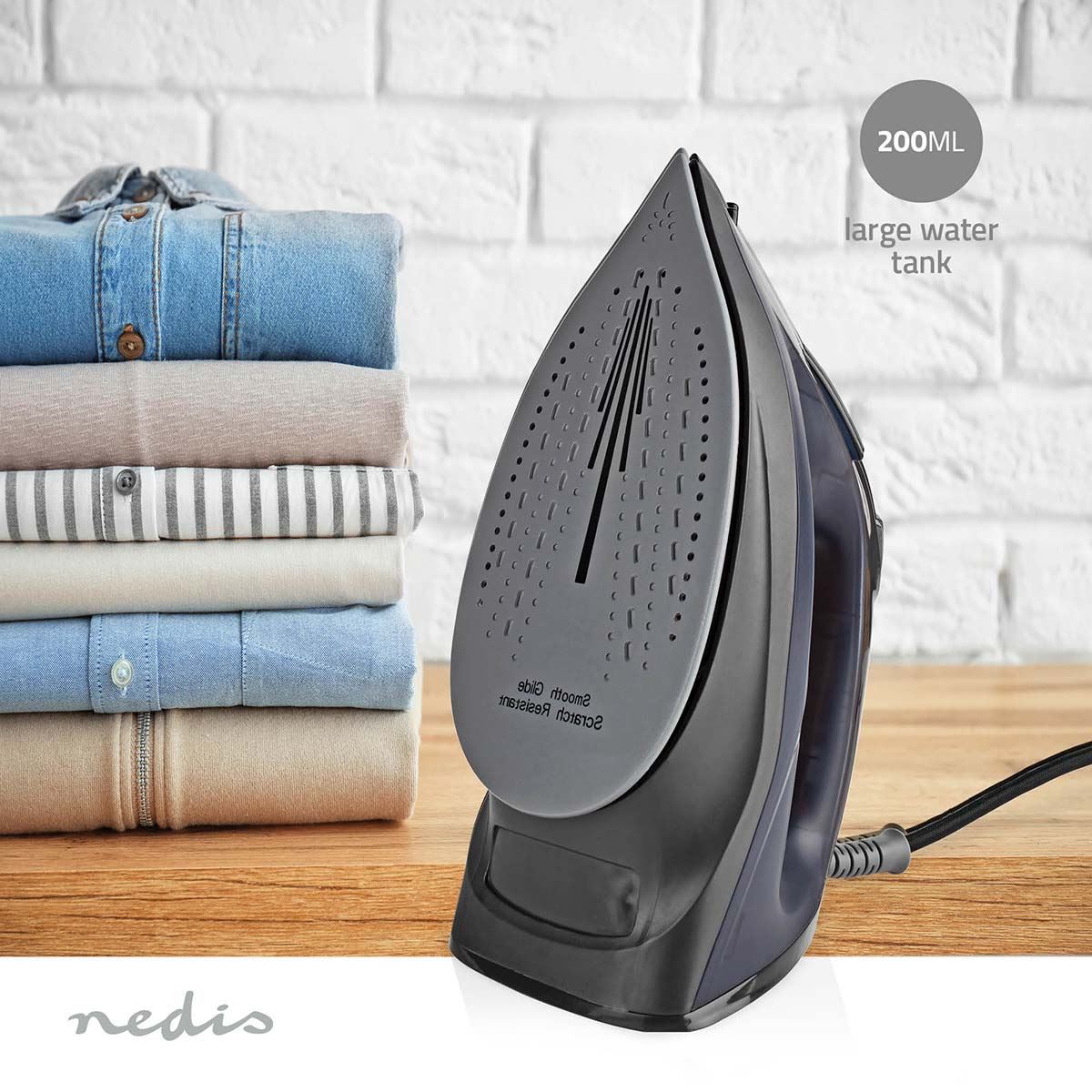 Nedis Steam Iron 2200W, Powerful Fast Heating, Adjustable Steam Control, Vertical Steam Spray Function, Large 220ml Water Tank, Ceramic Soleplate - Purple