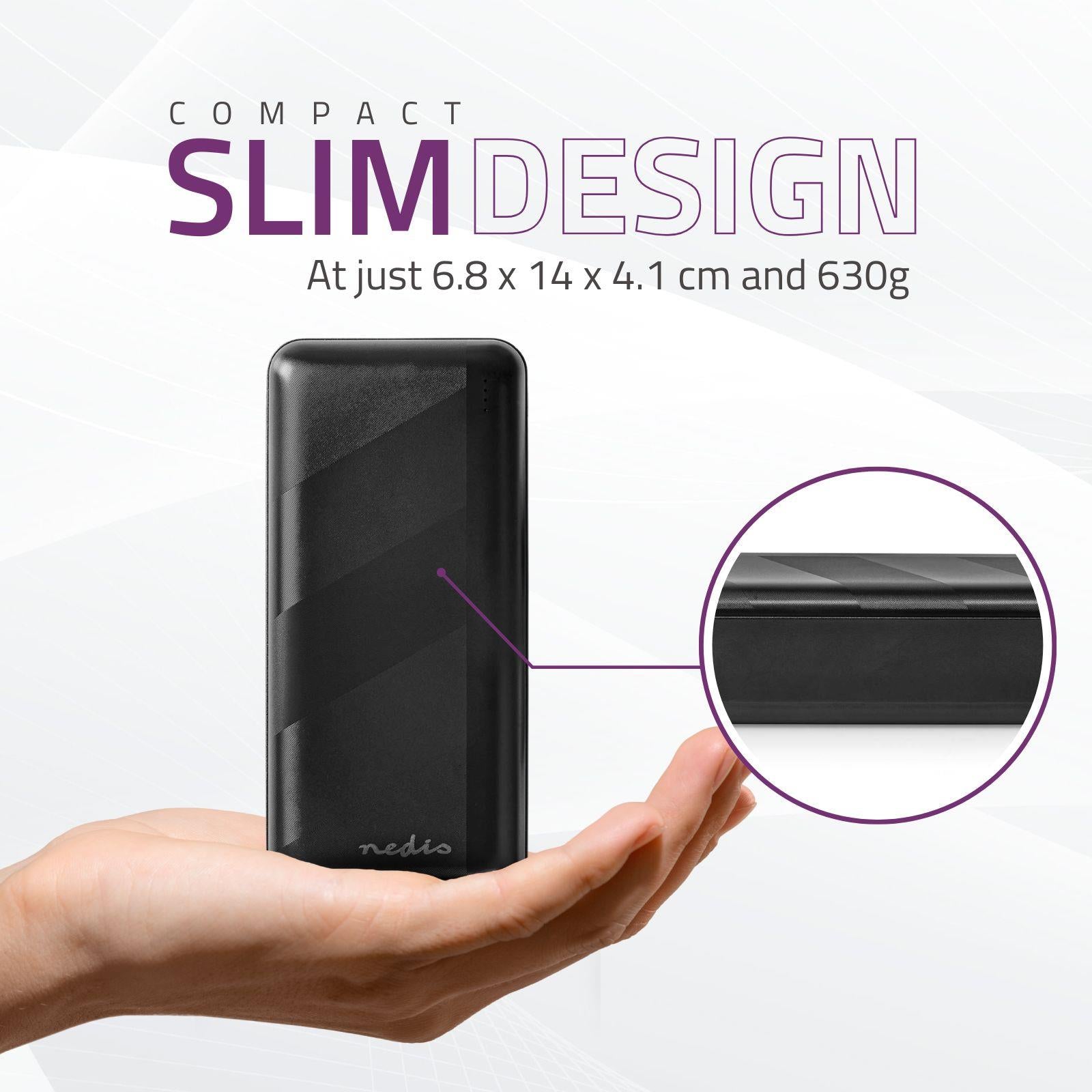 Nedis Powerbank | 30000 mAh | 1.5 / 2.0 / 3.0 A | Number of outputs: 2 | Output connection: 1x USB-A / 1x USB-C™ | Input connection: 1x Micro USB / 1x USB-C™ | PD3.0 20W | Lithium-Polymer