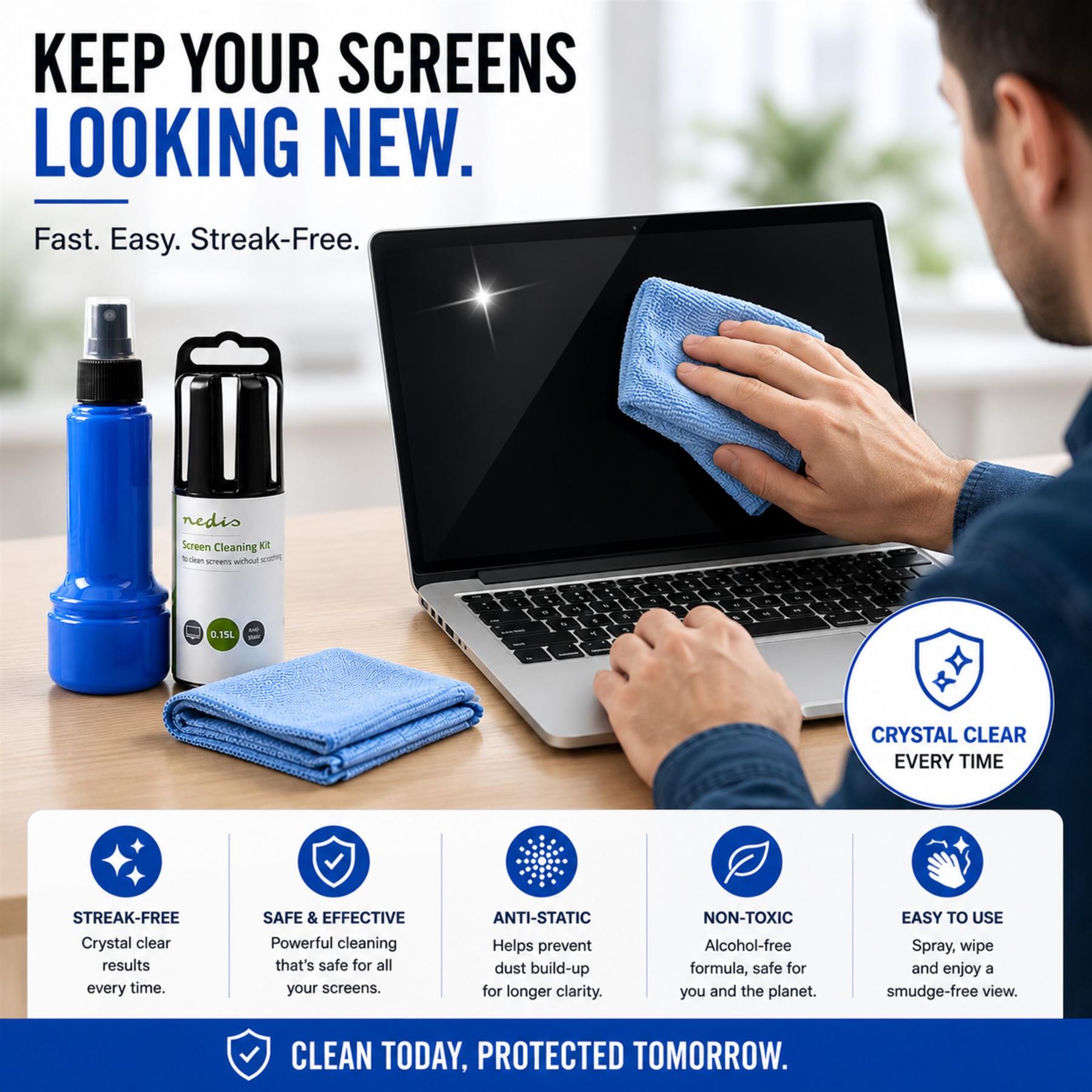 Nedis Screen Cleaner Kit for LCD, LED & Plasma TV, PC, Phone & Tablet, 150 ml Spray & Cloth