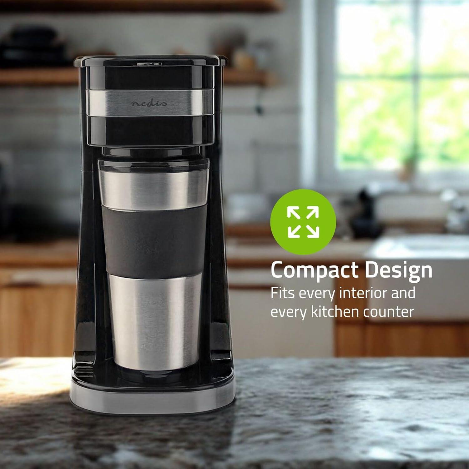 Nedis Single Serve 1 Cup Electric Filter Coffee Maker + 0.42L Double Wall Travel Mug - Black