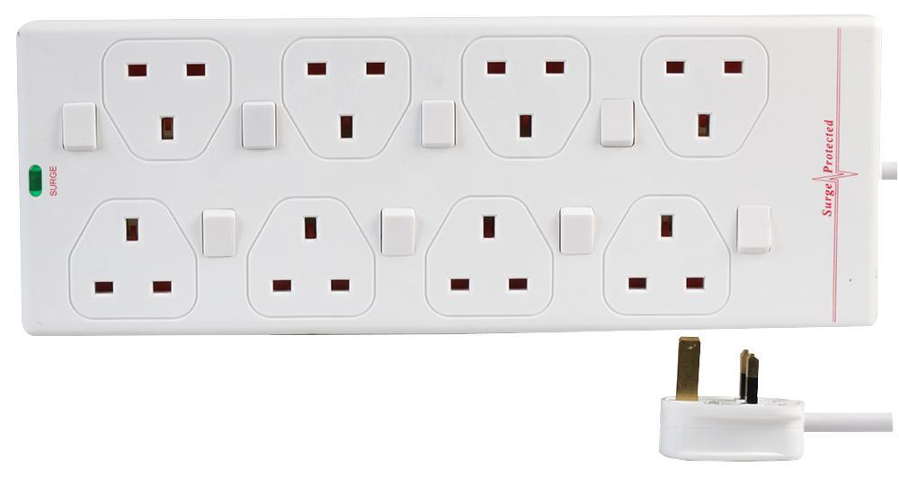 8 Gang 10m Mains Extension Lead Socket Individually Switched 13A with Surge Potection - White
