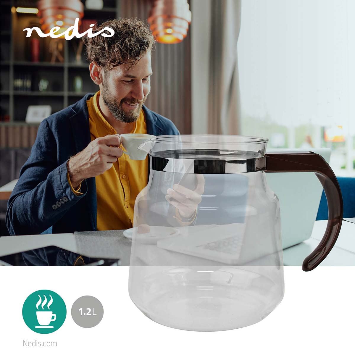Nedis Glass Replacement Jug for Moccamaster Models K & KB, Also Compatible with Excellent 10s - 1.2 L Capacity, Dishwasher Safe, Brown Handle
