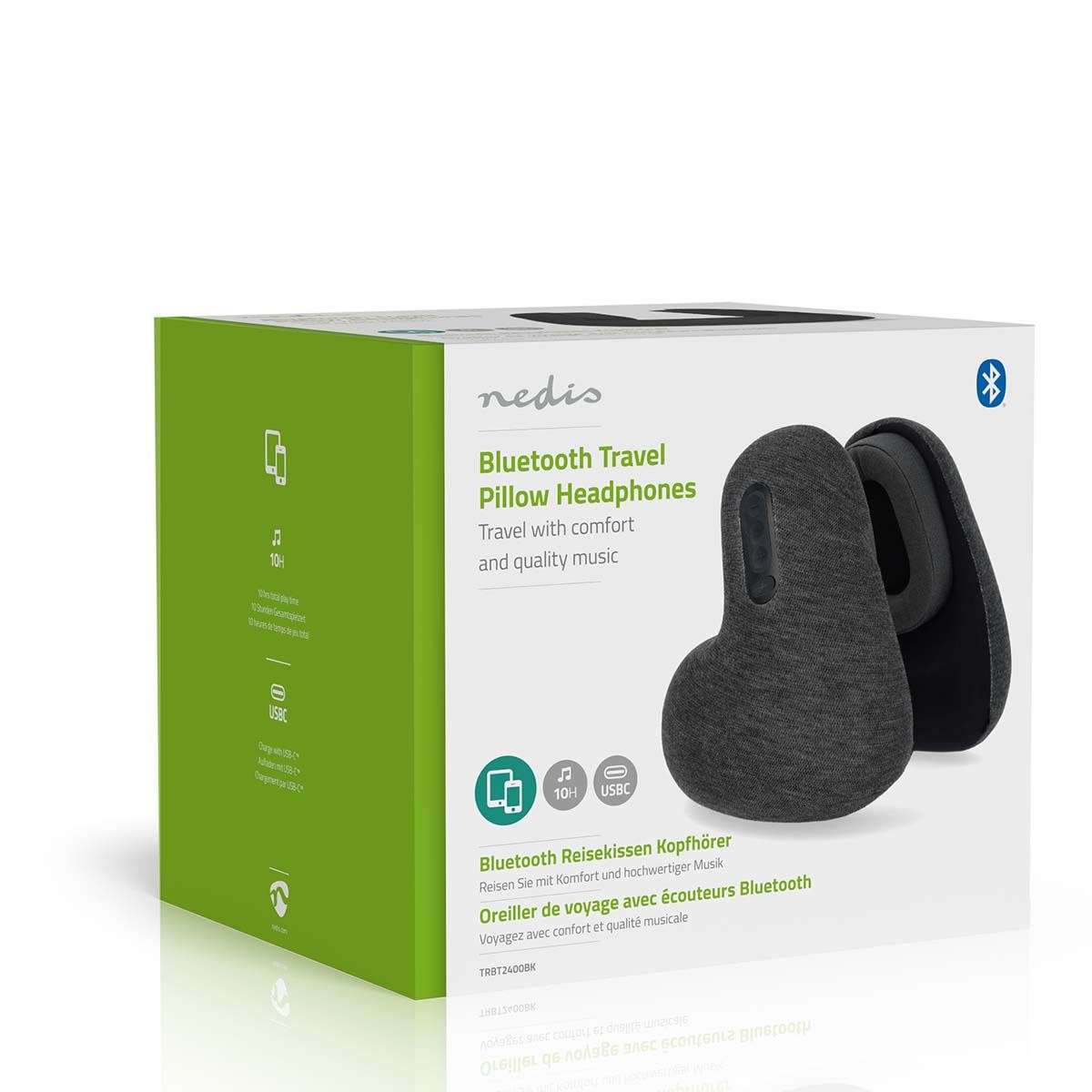 Nedis Travel Pillow with Built-In Bluetooth 5.3 Headphones, Wireless Over-Ear Design, Memory Foam, Passive Noise Cancelling, Hands-Free Calls, USB-C Charging