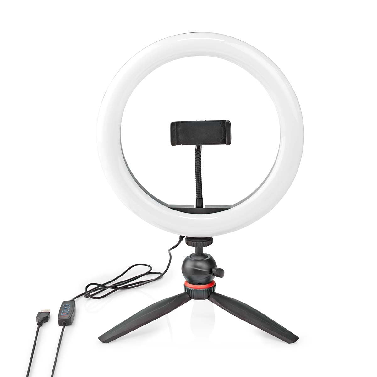 Nedis Ring Light, 10" LED Ring Lamp with 120 LEDs on Tripod Stand, USB Powered, with Flexible Phone Holder, 10 Light Modes