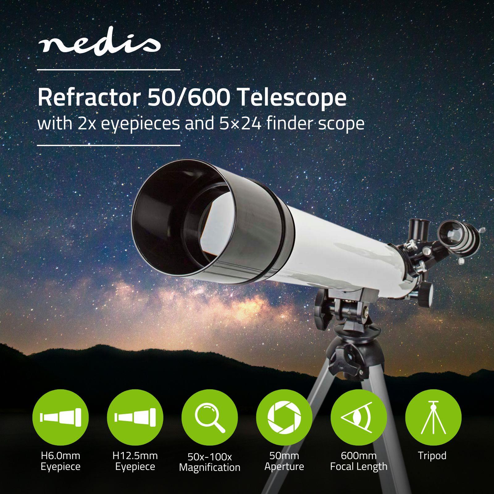 Nedis Telescope | Aperture: 50 mm | Focal length: 600 mm | Finderscope: 5 x 24 | Maximum working height: 125 cm | Tripod | Black / White