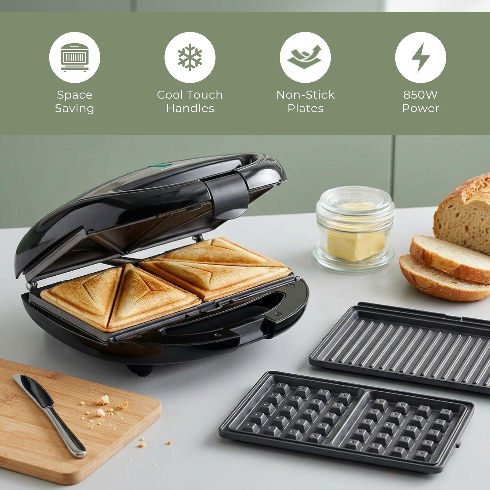 MELISSA Series Sandwich Maker - 3 Plate Sets for Paninis, Sandwiches, and Waffles, Nonstick Grill Plates, Cut-and-Seal, 850W Power, Black