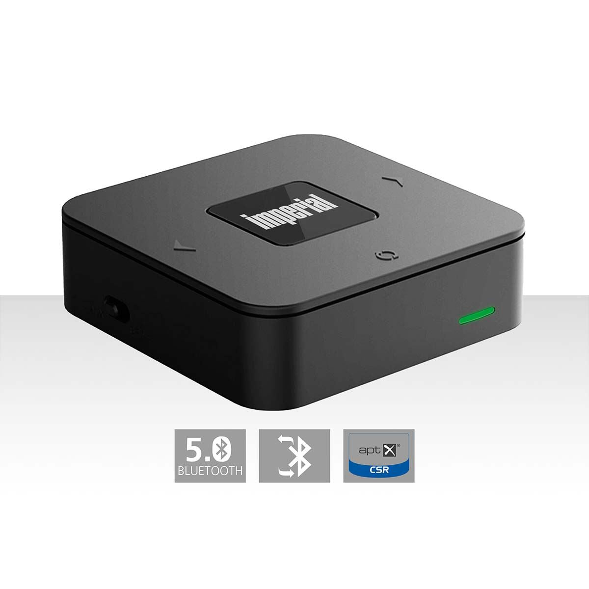 Imperial Bluetooth® Transmitter Receiver | Connection input: 1x AUX / 1x SPDIF | Connection output: 1x AUX / 1x SPDIF | AptX ™ Low latency / AptX™ / SBC | Up to 2 Devices | Maximum battery play time: 22 hrs | Black