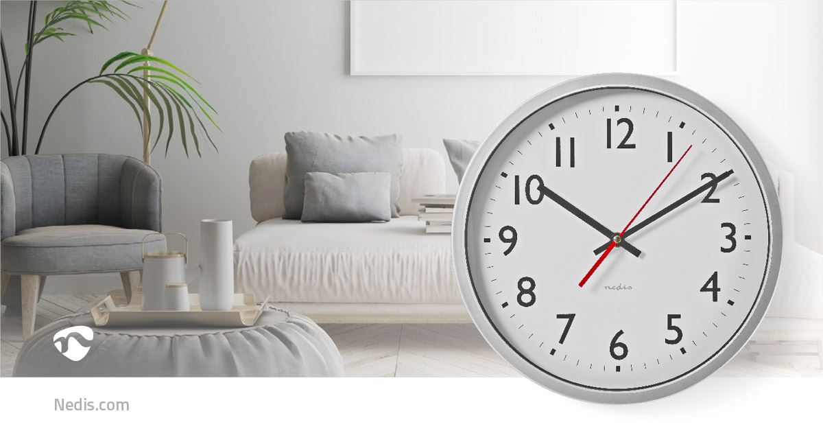 Nedis 30cm Wall Clock with Easy Read Numbers, Silent Movement, Battery Powered - Silver / White