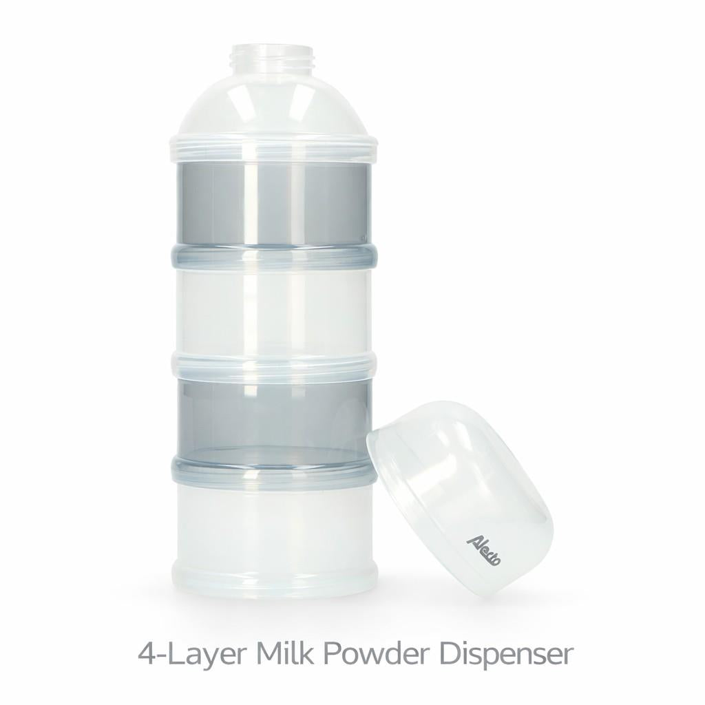 Alecto Baby Milk Powder BPA Free Dispenser, Portable 4 Layers 100ml per Layer Transparent compartments, Kids Baby Storage Container Stackable Pots