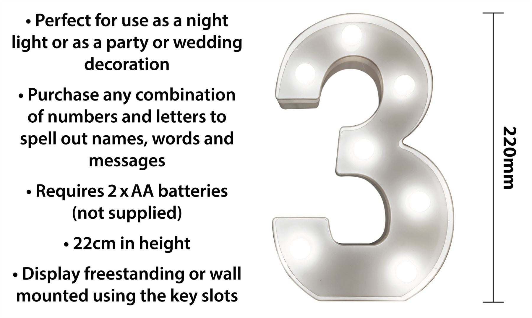 "3" Light Up 3D LED 22cm Numbers Party Birthday Wedding Battery Operated