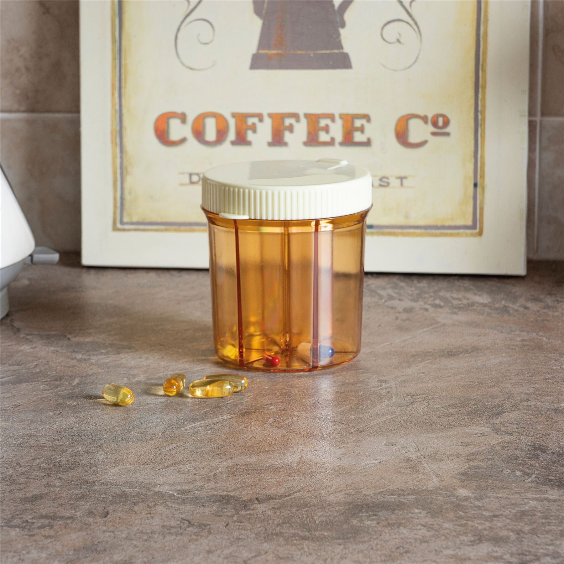 6 Section Pill Dispenser Tablet Box Organiser, Rotating top and Flip Up Lid Transparent Design Specifically Designed for Larger Tablets and Vitamins Medication Management Weakened Grip Friendly